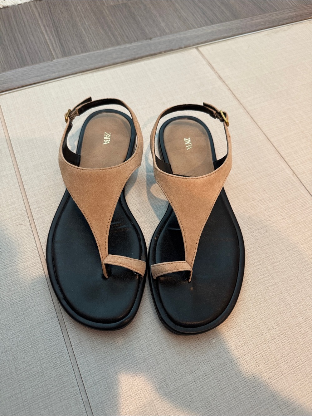 ZARA Tan and Black T-Strap Women's Sandals